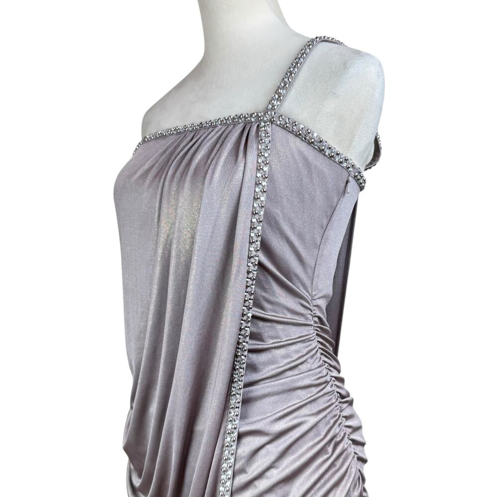 Laundry by Shelli Segal Metallic Taupe Rhinestone One Shoulder Ruched Mini Dress - Picture 5 of 11